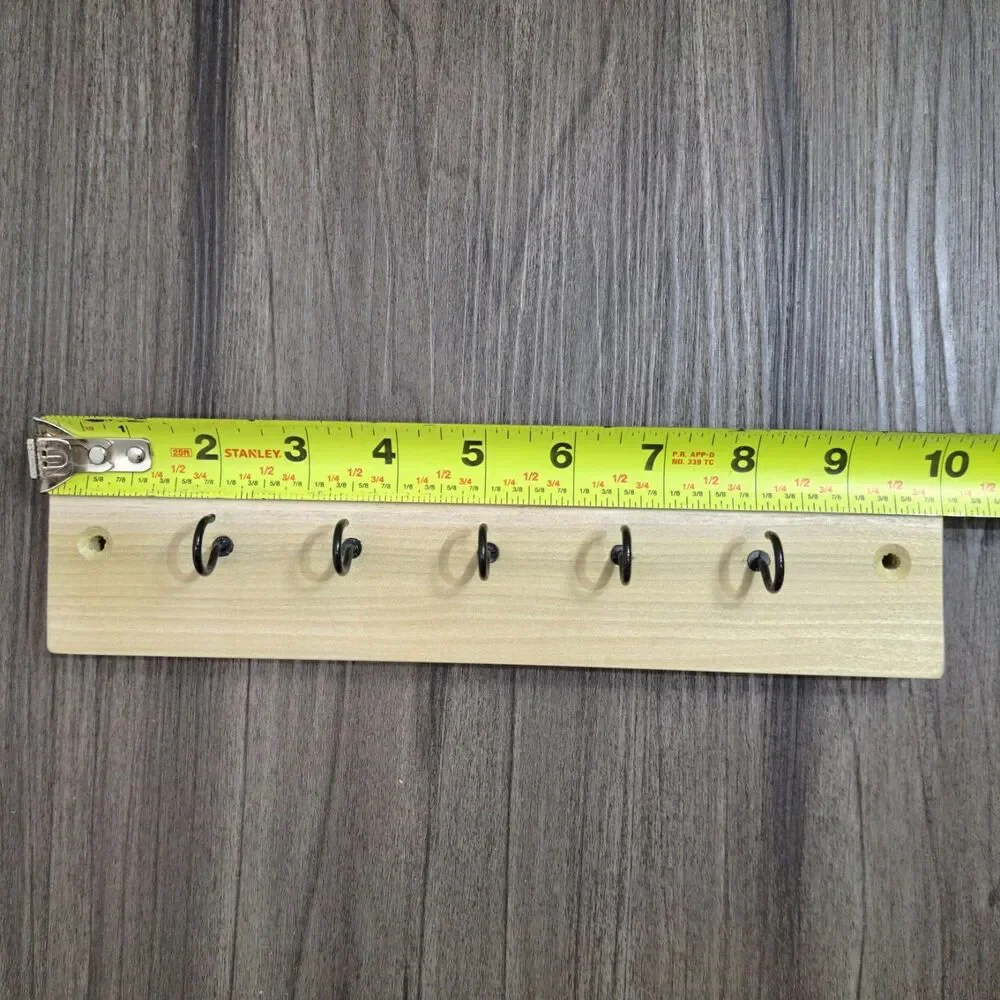 Handmade‎ 10 inch Wall Mount 5 Hook Key/Hat Rack Brown Solid Wood Black Hooks